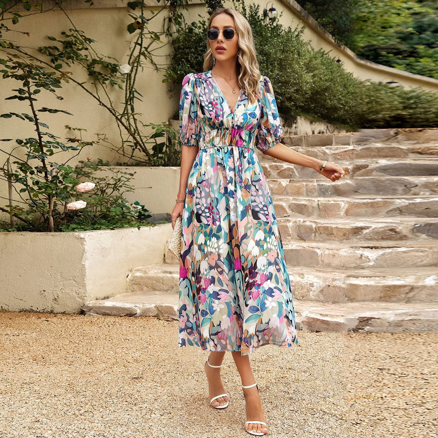 Sherry™ - V-neck Printed Short-sleeved Long Dress Summer